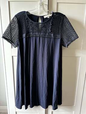 LOFT Petite Navy Blue Cotton Dress with Macrame Lace Detail and Keyhole Back